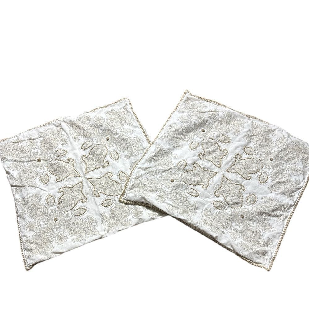 Pottery barn set of (2) decorative embroidered square linen blend pillow shams